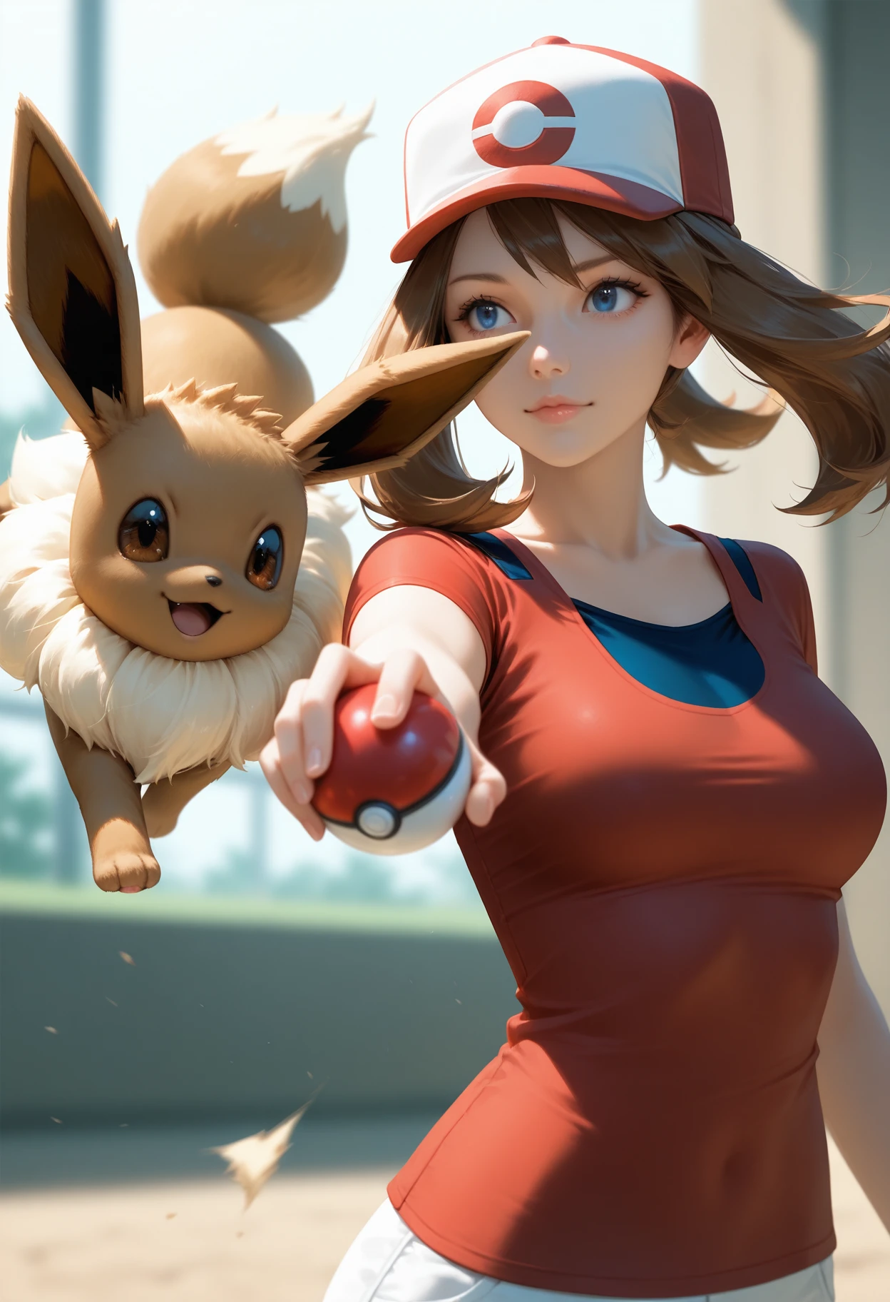 masterpiece, best quality, realistic
may_(pokemon), pokemon, 1girl, brown_hair, blue_eyes, , red shirt, throwing poke ball, Eevee, pokemon, pokemon_(creature)