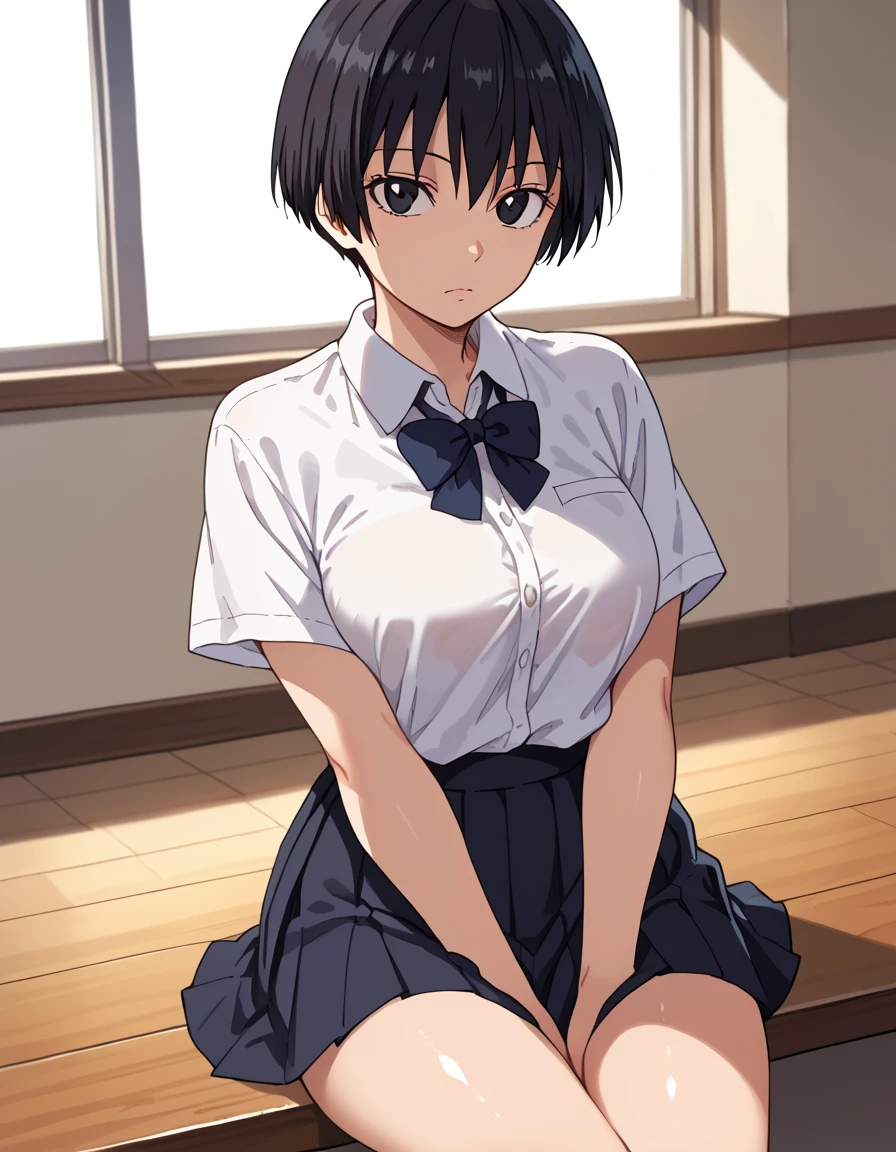 score_9, score_8_up, score_7_up, source_anime, anime screencap, anime coloring, masterpiece, best quality, uncensored, 1girl, solo, (cowboy shot:1.2), satomi manabe, short hair, large breasts, black eyes, black hair, school uniform, shirt, white shirt, short sleeves, black skirt, pleated skirt, <lora:Manabe Satomi_Hajirai Body_Pony:0.9>, sitting, legs together, narrowed eyes, expressionless, looking at viewer, cute face, shiny body, shiny skin,  (skindentation:1.2), clear skin, shiny hair, ultra detailed eyes, depth of field, sharp, (intricate details, hyperdetailed:1.15)