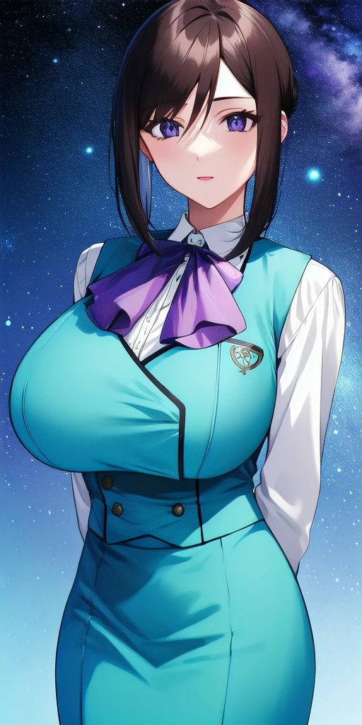 <lora:LinnaYamazakiV4:0.7> linna_yamazaki, huge_breasts, standing, solo, starry_sky, arms_behind_back, white_collared_shirt_purple_ascot_aqua_pencil_skirt_aqua_vest, masterpiece, best_quality, detailed_face, detailed_eyes, highres, beautiful, detailed, absurdres,