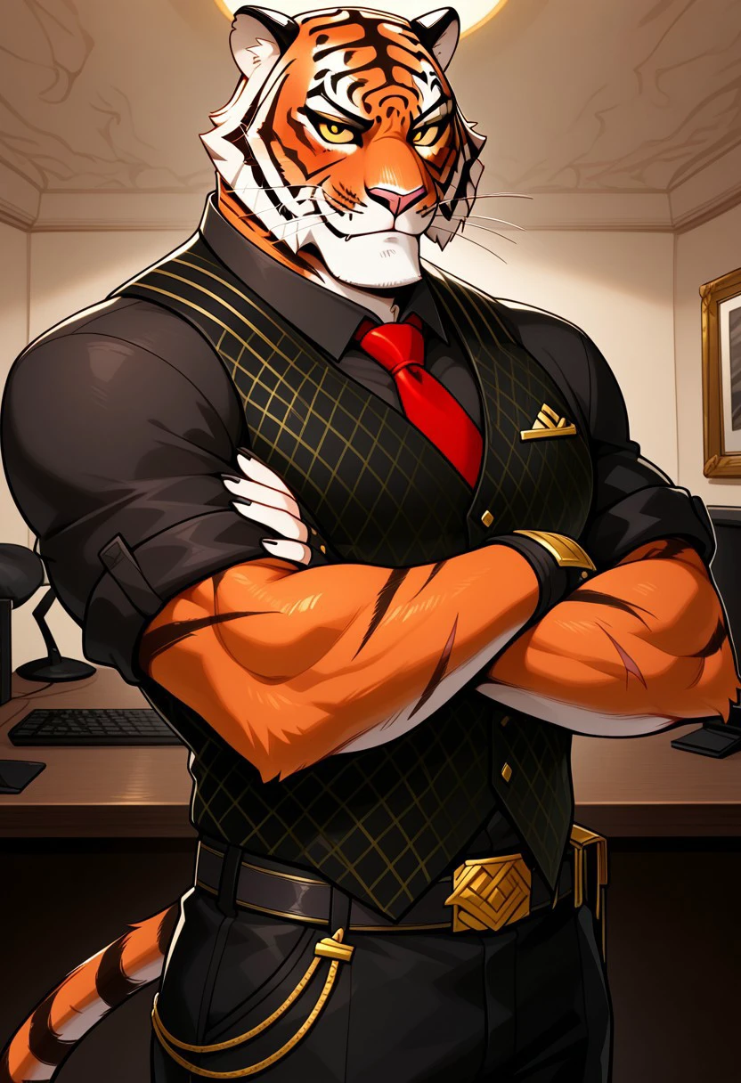 Masterpiece, best quality, high quality, detailed, Oscar, Fortnite Oscar, broad shoulders, mature male, orange eyes, yellow sclera, athletic build, animal ears, tiger, orange body, scars, anthro, anthro male, muscle gut, smiling, looking at viewer, arms crossed, standing, lavish office, black vest, black collared shirt, red tie, fingerless gloves