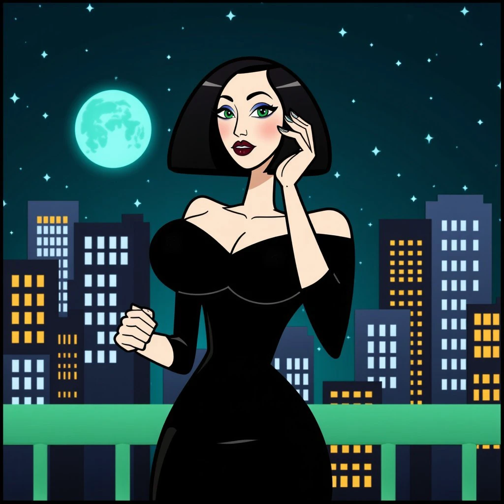 ch art style,woman posing against the backdrop of a night city, bright lights around, 1woman, black hair, green eyes, black dress,dark makeup