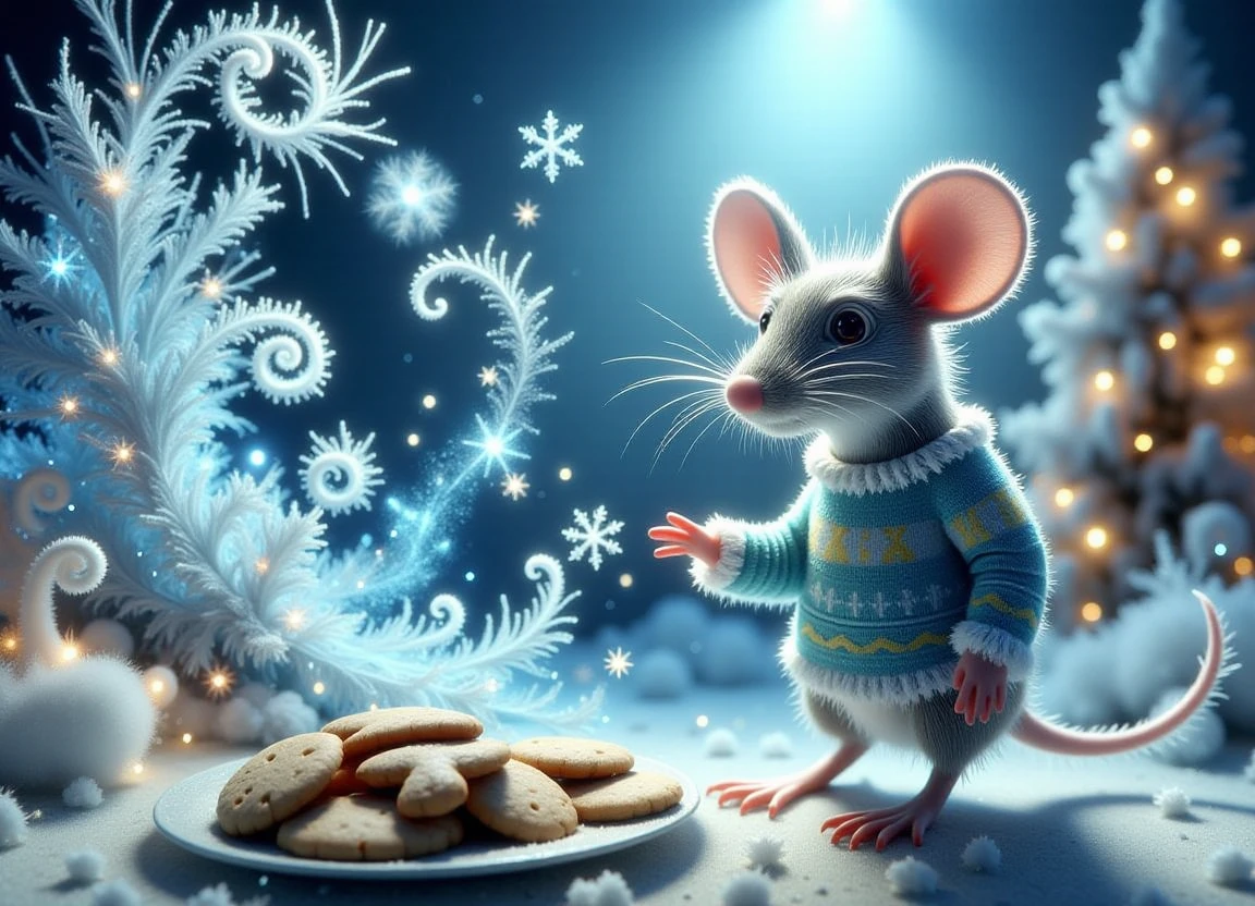 A whimsical winter scene featuring a Mouse King wearing an ugly Christmas sweater, surrounded by coastal-inspired holiday decorations and twinkling lights, with a majestic Christmas tree in the background and a plate of freshly baked Christmas cookies on a nearby table, all set against a sparkling and festive backdrop.