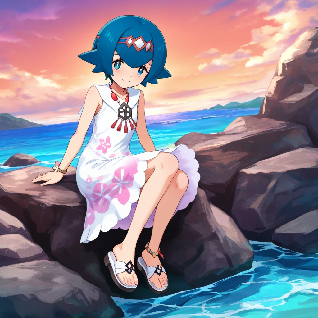 (hinosaki, miazi:0.4), (kutabireta_neko, kesoshirou, leveen:0.6), (s_zenith_lee:0.5), (1girl), solo, sitting, on rock, sea, feet_in_water, smile,
lana_\(pokemon\), short_hair, blue_hair, hairband, sleeveless_dress, white_dress, bracelet, jewelry, necklace, anklets, sandals, toes, official_alternate_costume, , masterpiece,amazing quality, very aesthetic, high resolution ,ultra-detailed, absurdres, newest