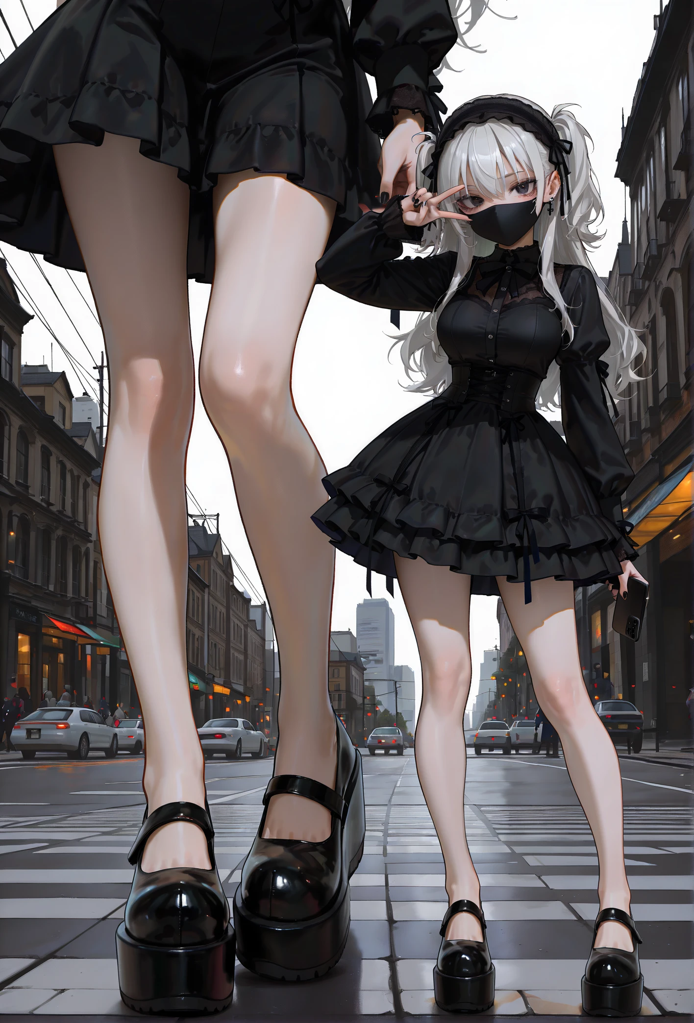 masterpiece, best quality, 
multiple views,
close-up of feet,
1girl, idol, goth,
(d0lly shoes), (platform footwear:1.1),
black dress,
large breasts, petite, 
black and white hair,
city street, 
pose, posing, contrapposto, v, holding phone, face mask, black eyes,