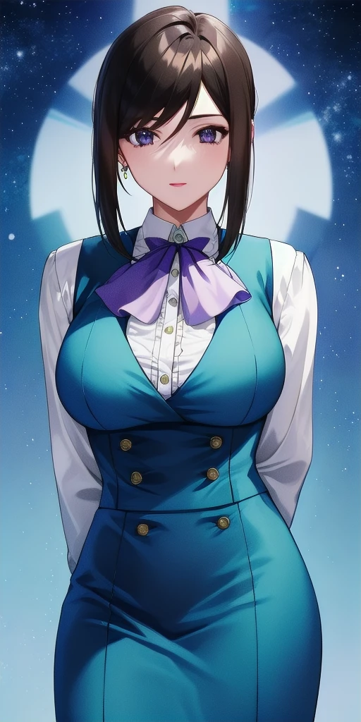 <lora:LinnaYamazakiV2:0.7> linna_yamazaki, huge_breasts, standing, solo, starry_sky, arms_behind_back, white_collared_shirt_purple_ascot_aqua_pencil_skirt_aqua_vest, masterpiece, best_quality, detailed_face, detailed_eyes, highres, beautiful, detailed, absurdres,