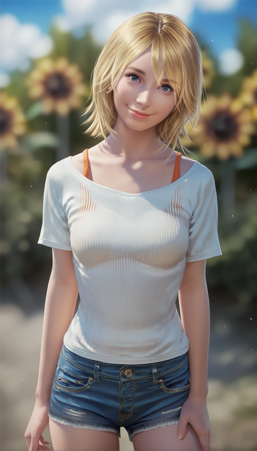 1girl, realistic, standing, photo, gorgeous yellow blouse, shorts, looking past viewer, feminine, smile, photorealism, fashion design, simple white background, (perfect face:1.4), model, vogue magazine cover