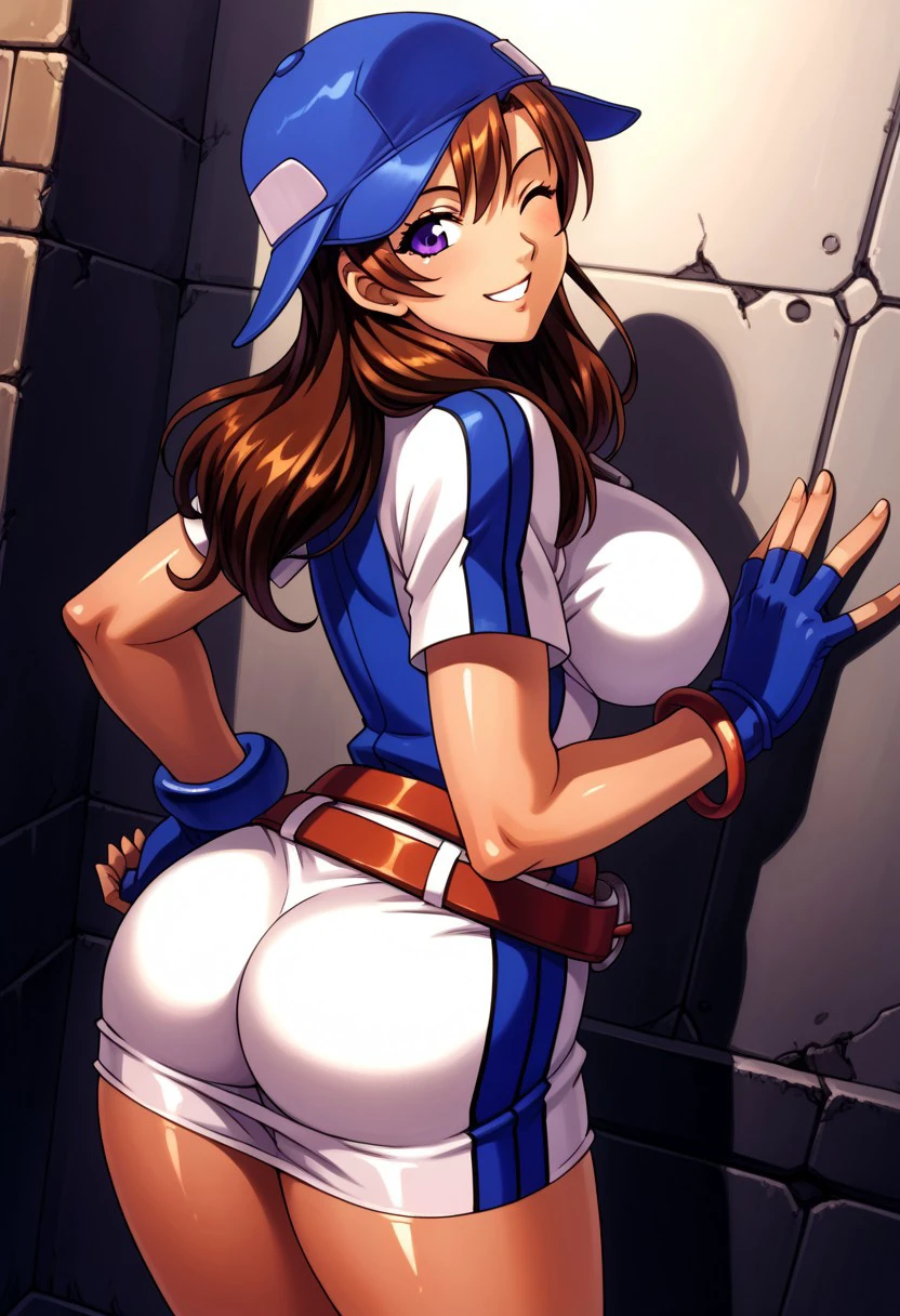 score_9, score_8_up, score_7_up,BREAK source_anime,Behind an alley,,,shiny_clothes,shiny_skin, fingers, detailed hands,alone,large breast,smile,masterpiece,mogudan,, perfect body, perfect face, perfect_eyes,perfect_hands,detailed hands,fingers,shiny_clothes,shiny_skin,best quality,amazing quality,very aesthetic,AiNeogeo,long hair,brown hair,purple eyes,jewelry,bracelet, blue baseball hat,baseball uniform,short dress,belt,,fingerles gloves,blue gloves,,hand on hip,wink in the right eye,from behind , Looking back,ass,angle down,calmetoe