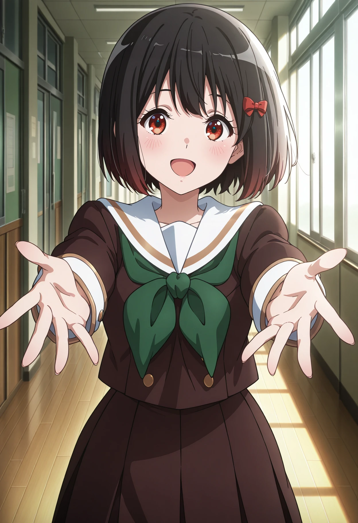 masterpiece,best quality,h_kanade, 1girl, solo, anime coloring, short hair, black hair, red hair bow, red eyes, white sailor collar, school uniform, brown shirt, green neckerchief, long sleeves, brown skirt, pleated skirt, smile, open mouth, standing, outstretched arms, hands,  blush, looking at viewer, hallway, <lora:h_kanade_IL-100008:0.95>