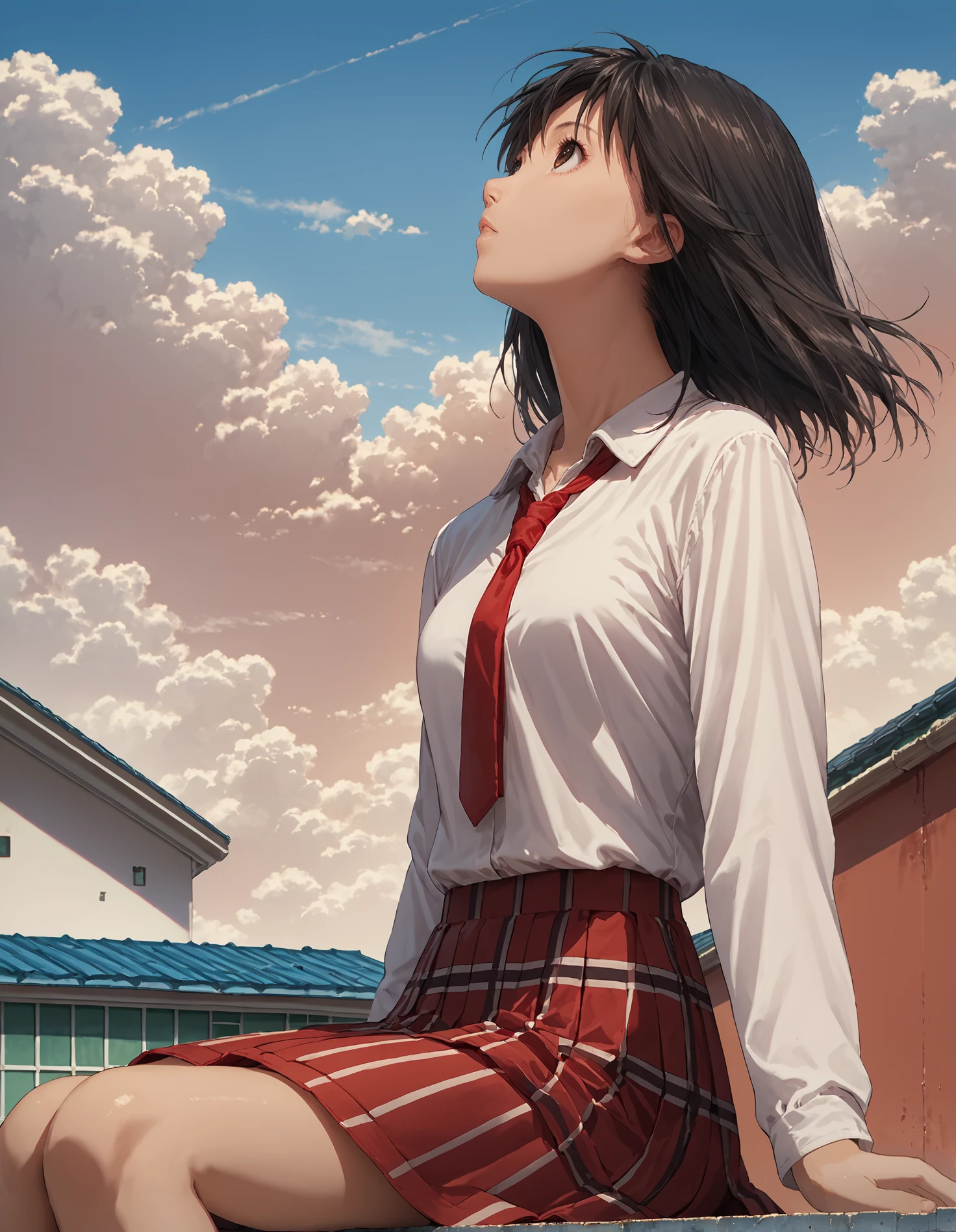 score_9, score_8_up, source_anime, 1girl, upper body, medium shot, detailed, misakiyamamoto, brown eyes, black hair, white shirt, red tie, red striped skirt, sitting, outdoors, looking up, roof, sky, clouds, day, (side view:0.6),  <lora:misakiyamamoto_XL:0.85>