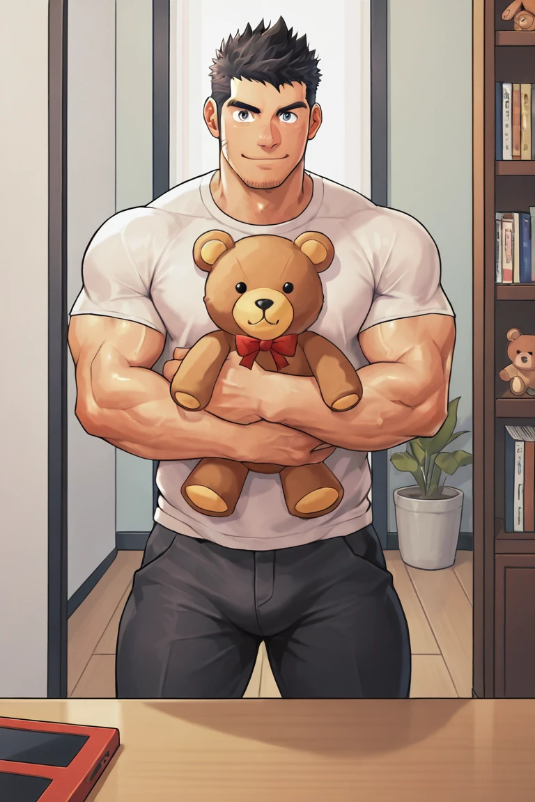 masterpiece, best quality, highres, newest, 1boy, bara, solo, male focus, mature male, short hair, black hair, brown eyes, facial hair, stubble, muscular, looking at viewer, cowboy shot, smile, standing, white t-shirt, black pants, teddy bear, stuffed toy, holding stuffed toy, hugging object, indoors, living room <lora:OIS - Bara Style 1 [LoRA] - NoobAI-XL EPS 1.0:0.7>