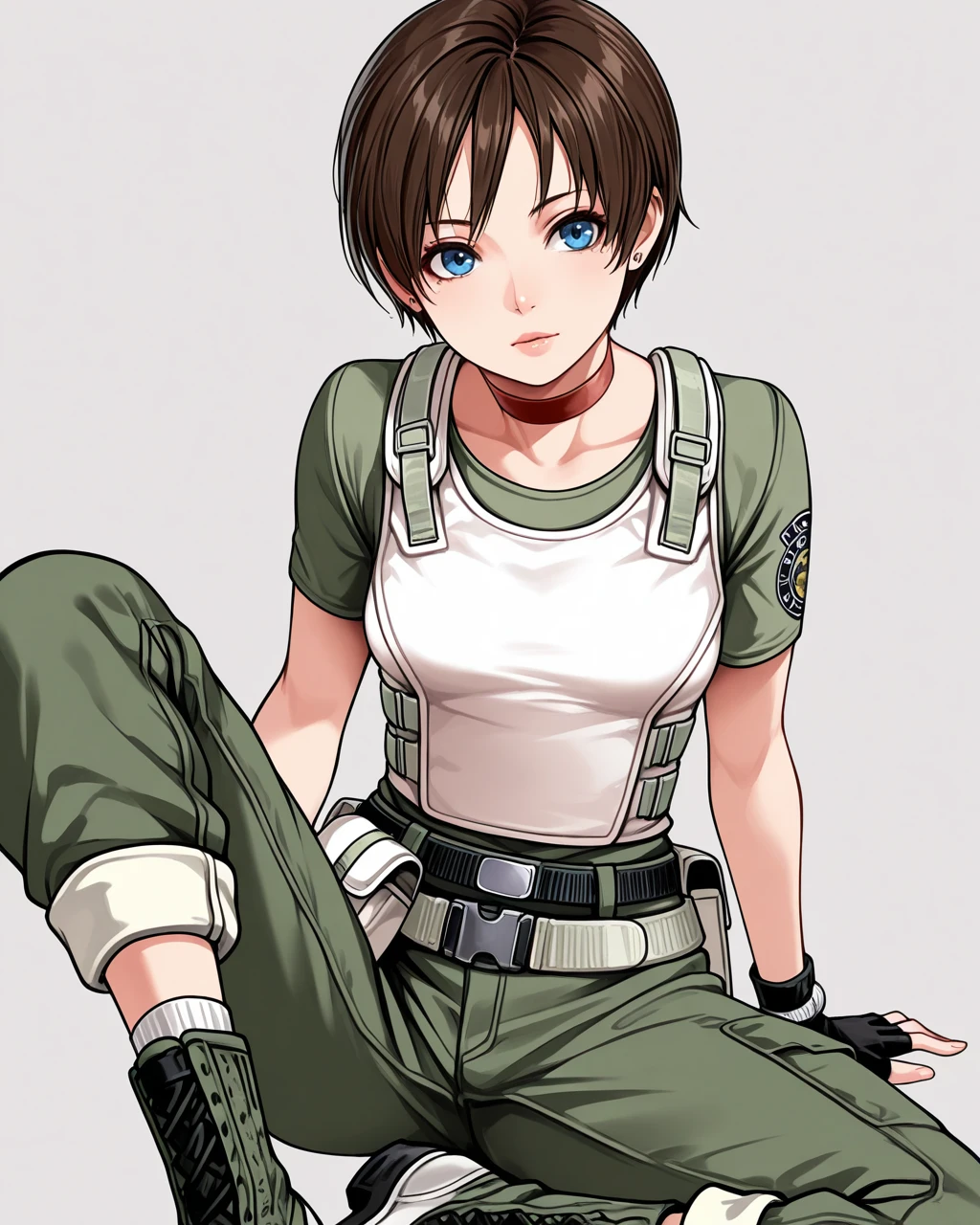 masterpiece, best quality, high quality,  1girl, solo,  <lora:10_becky_7_il:1>, reb_1stars, blue eyes, brunette hair, short hair, red choker, white tactical vest with straps, olive tshirt with patch, green pants with cuffs, black belt, green canvas belt, front pouch, back pouch, black fingerless gloves, white socks, green and white combat boots, lips, white earrings