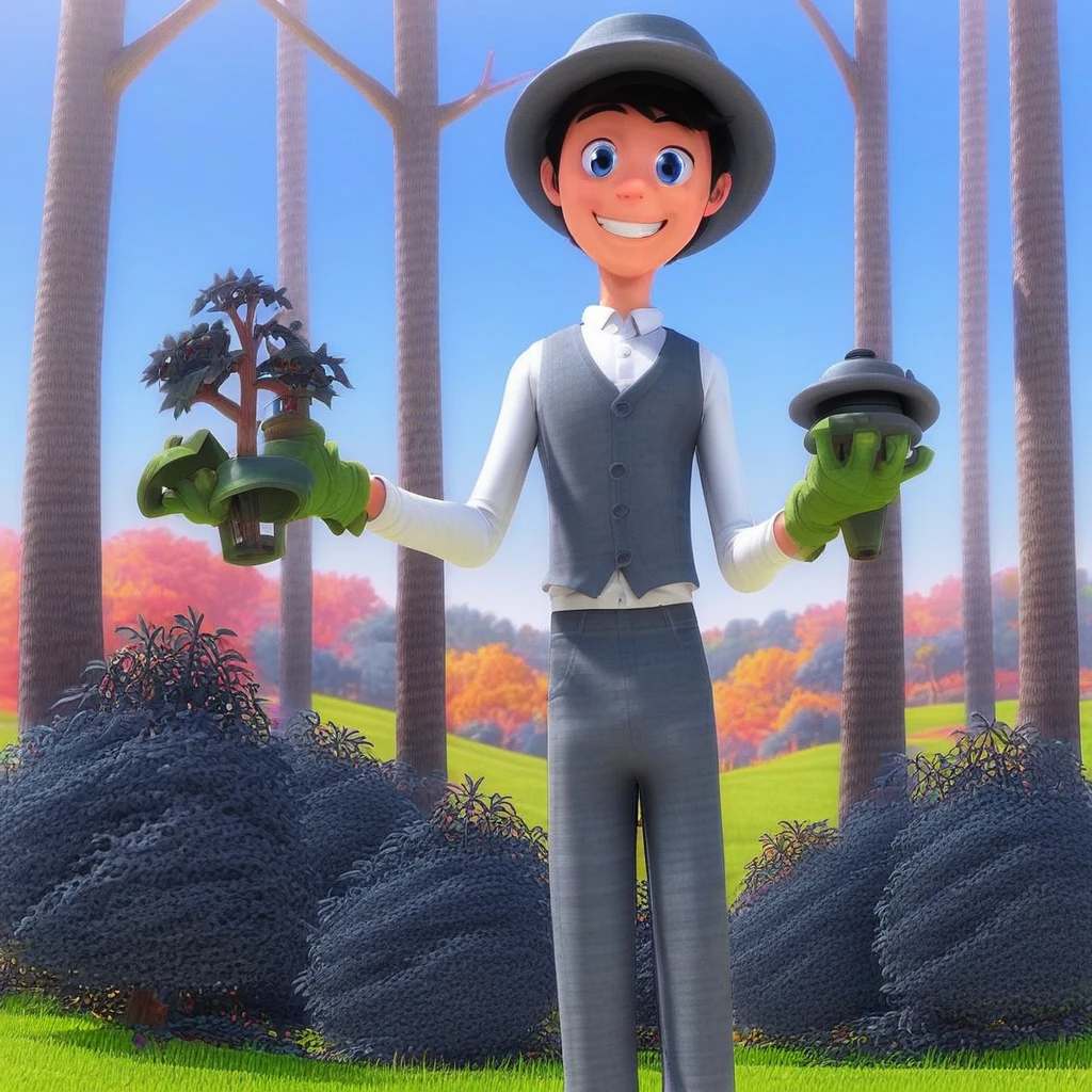 The Once-ler, 1boy, solo, blue eyes, black hair, gray fedora, gray vest, white shirt, long sleeves, green gloves, gardening gloves, gray striped pants, smile, looking at viewer, trees, outdoors, day