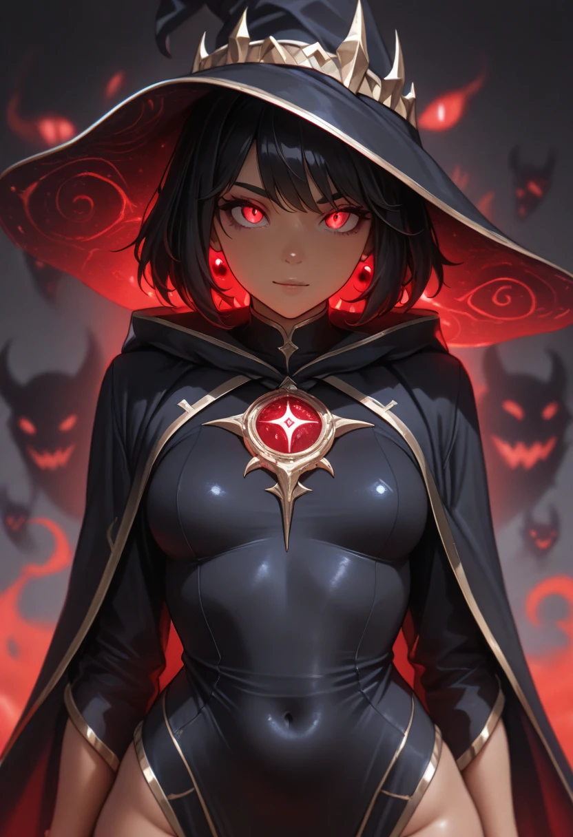 HDR, 8k, high contrast, masterpiece, best quality, amazing quality, very aesthetic, high resolution, ultra-detailed, absurdres, newest, scenery, (1girl, close up shot, upper body, witch, wearing magical dress and witch hat, facing the viewer, she is summoning multiple demons, multiple demons behind her also facing the camera, dark magic, demonic powers:1.2)