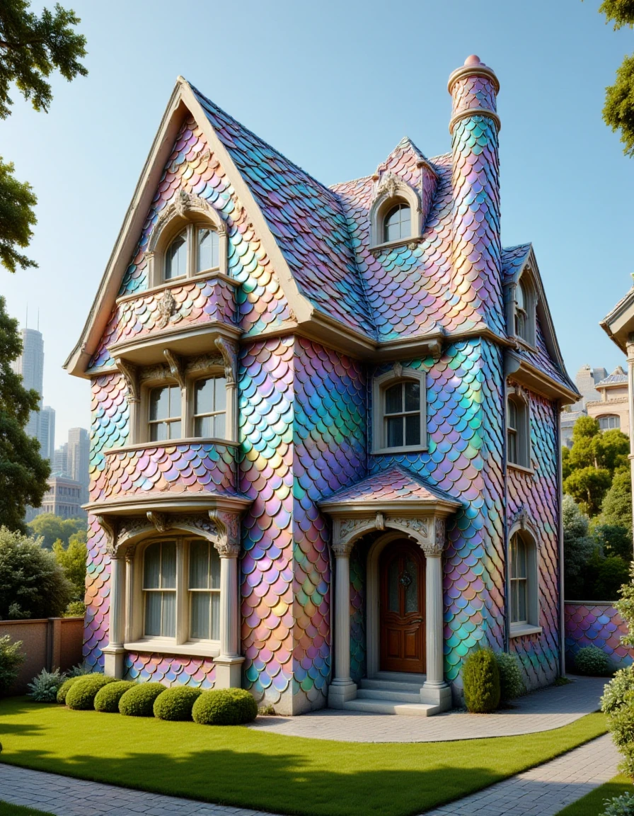 <lora:Iridescent_Scales_512_dev_f1_k:1>  the exterior of a house made of  Iridescent Scales