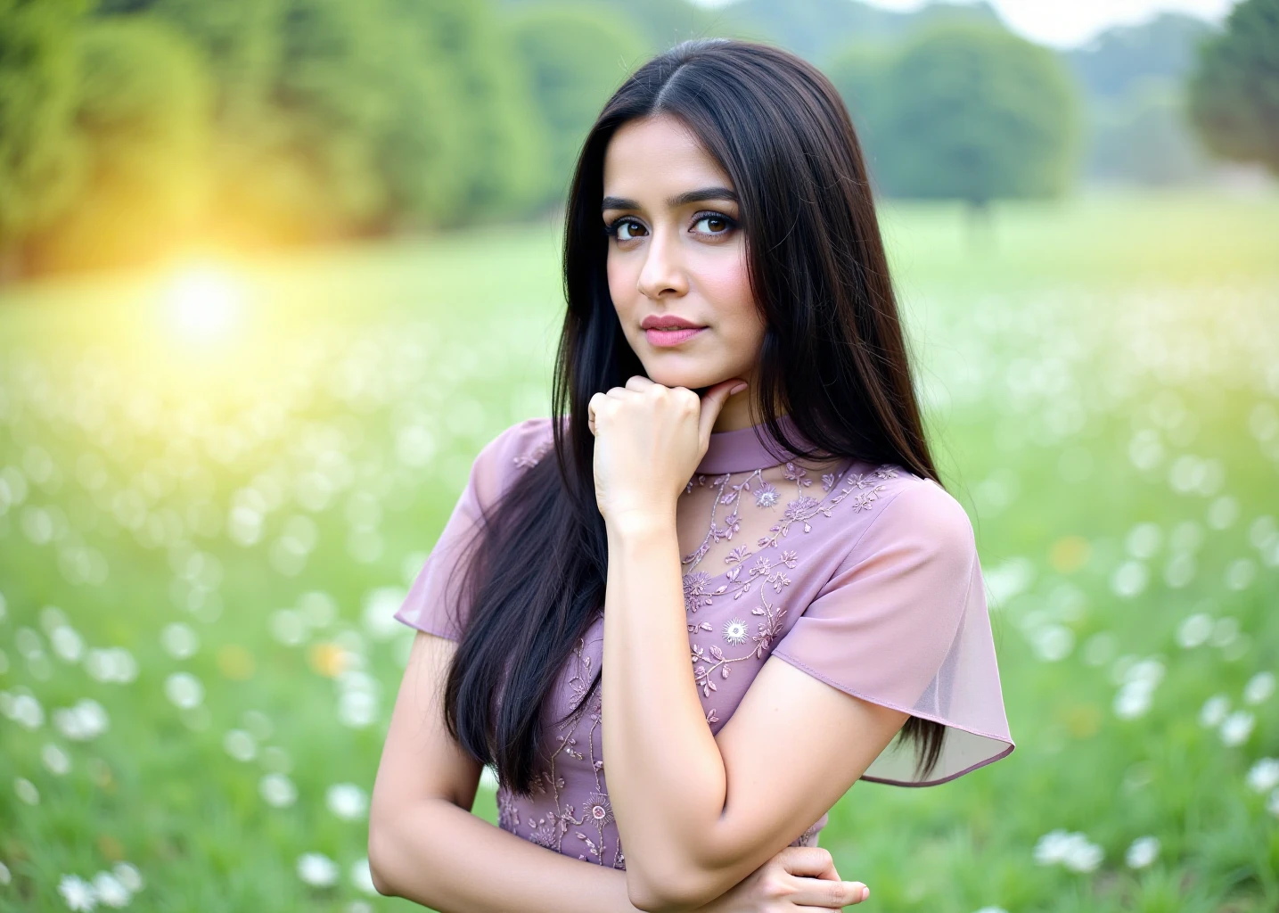 shraddhakaukohwx, with dark  hair, stands outdoors in a field. Her complexion is light, and she is wearing a mauve-colored short-sleeved dress with a floral pattern, likely a lightweight chiffon or similar material.  Her expression is thoughtful or slightly melancholic, with a contemplative gaze directed towards the viewer, chin resting on her hand, and her posture is relaxed but composed.  The setting is a grassy field with various shades of green foliage and scattered white flowers.  Soft, natural daylight bathes the scene, creating a gentle, warm ambiance, and a soft bokeh effect is prominent in the background, suggesting an outdoor setting. Lens flare is present to the left and right of the subject.  The perspective is a medium shot focusing on the subject's upper body and part of her arms, with the background softly out of focus. The overall style is reminiscent of vintage photography, with a soft, slightly hazy quality.  The mood is serene yet introspective—a moment of contemplation in a natural setting.