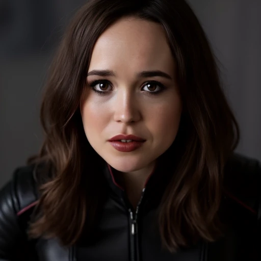 including mascara and a touch of eyeliner, with a slight wave, textured material, looking directly at the camera with a slightly concerned or focused gaze. She wears a black, and her lips are painted a deep red. She is dressed in a simple, dark brown hair that falls naturally over her shoulders, almost militaristic appearance.