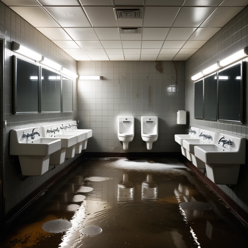 The interior of a public restroom with a utilitarian and slightly neglected design. The walls are covered in plain, slightly stained white tiles, some of which are cracked or chipped. The floor consists of large, dull gray tiles with faint scuff marks and small puddles of water near the sinks. On one side of the room, a row of metal bathroom stalls with scratched doors and faded paint lines the wall. On the opposite wall, a series of wall-mounted urinals made of white ceramic are spaced evenly, each with a metallic flush handle above. Some urinals have faint stains and water streaks, with one having a small puddle beneath it. A row of sinks with old, slightly rusted faucets sits beneath a large, streaked mirror that has smudges and water spots. Above, fluorescent tube lights buzz faintly, casting a cold, sterile glow over the space. A faint smell of cleaning chemicals lingers in the air, mixed with the dampness of the room. A hand dryer is mounted on the wall near the entrance, and a trash bin overflowing with crumpled paper towels stands nearby. The atmosphere feels functional but slightly neglected, emphasizing its everyday use.
<lora:SDXLFaeTastic2400:0.4> <lora:extremely_detailed:0.4> extremely detailed, Masterpiece,best quality,hi res,8k,hi res,8k,award winning,(sharp focus, intricate, highly detailed),