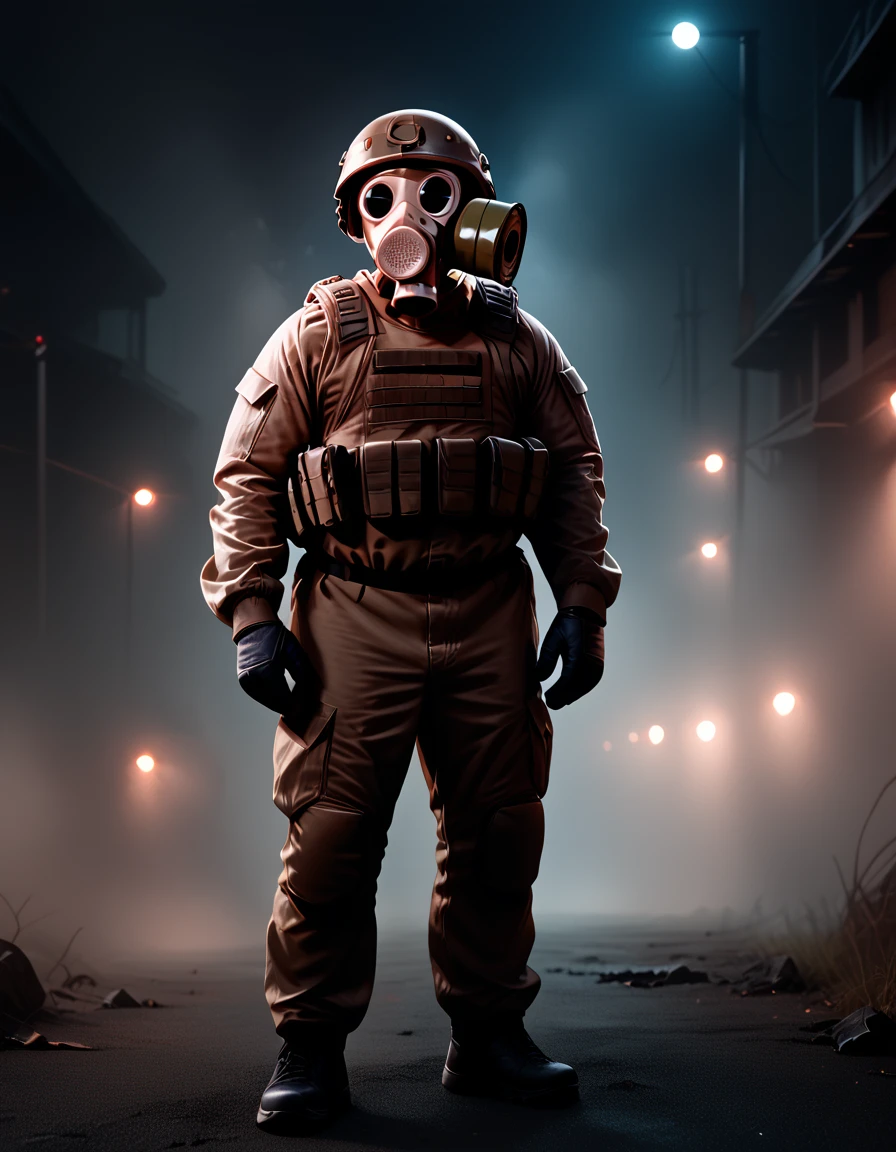 score_9, score_8_up, score_7_up, score_6_up, 1man, full body, black tactical uniform, gas mask pmg, black lenses gas mask, gas mask filter, helmet, tactical helmet, military helmet, black background, dark fog, red toxic gas, dark black background, lights off, darkness, night, cinematic