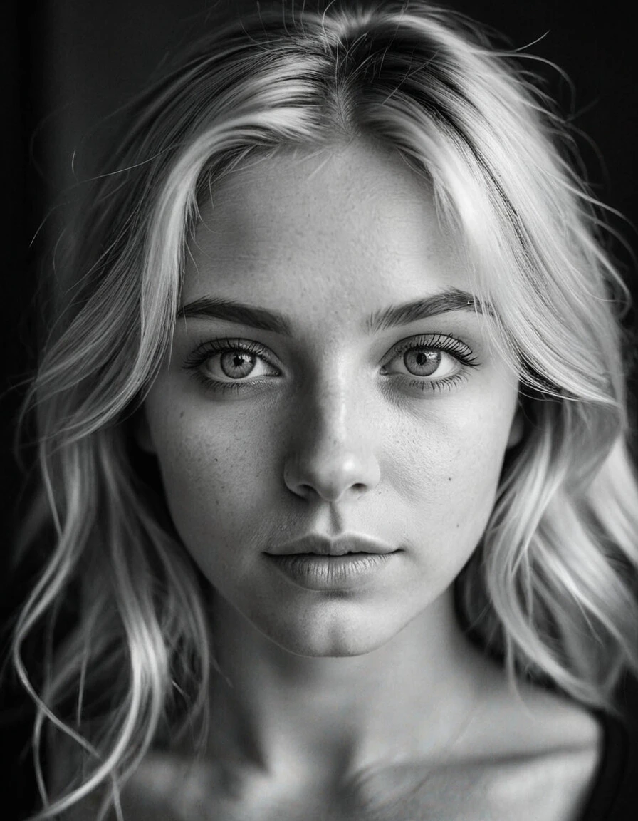 b&w, instagram photo, portrait photo of 26 y.o blonde woman, perfect detailed eyes, natural skin, hard shadows, film grain