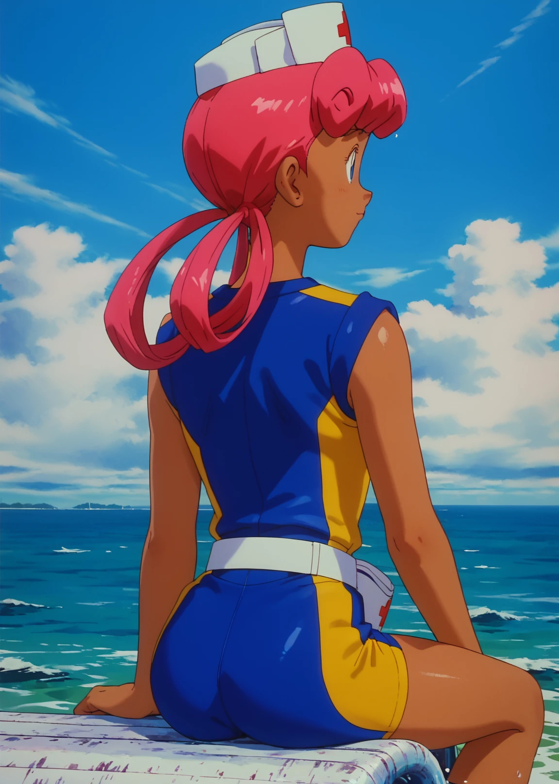 score_9, score_8_up, score_7_up, 1girl, solo, source_anime, pkmnjoy, hair rings, dark skinned female, wetsuit, sleeveless, nurse cap, blue eyes, pink hair, dark-skinned female, <lora:Nurse_Joy_-_Pokemon_anime_Orange_islands:1> sitting, by the sea, from behind,