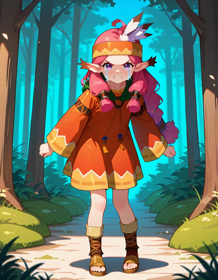 <lora:Pchiko_SDXL_Illustrious01_fp16_ver01:1>,Pchiko, 1girl,solo,animal ears, pink hair,purple eyes, headband,dress,long sleeves,  sandals,feather hair ornament,angry,streaming tears,forest,, masterpiece, best quality, very aesthetic, absurdres,<lora:detailed_hands:1>,hand