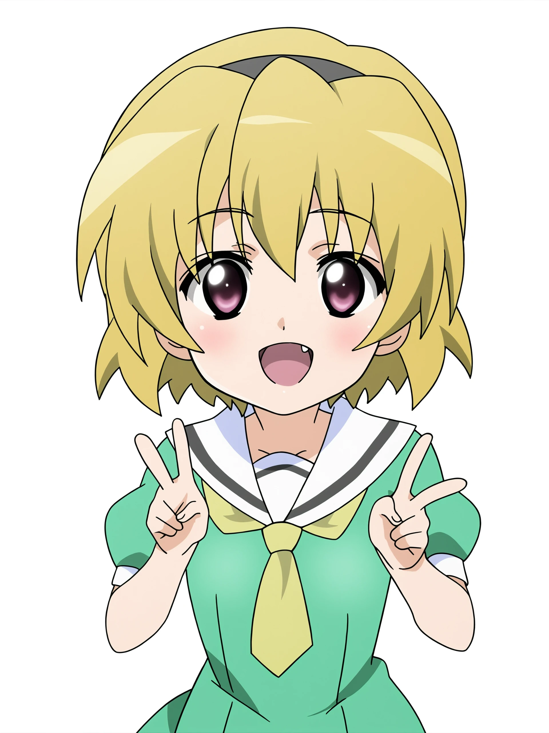 higurashikira, anime screencap, anime coloring, 1girl, houjou satoko, aged down, solo, (small breasts, breasts), blonde hair, short hair, hairband, ((simple background, white background)), pantyhose, sailor dress, green sailor dress, green dress, yellow necktie, school uniform, dress, smile, happy, open mouth, blush, fang, upper body, looking at viewer, double v, 
(masterpiece, best quality, absurdres, highres, newest:1.2), very awa, 