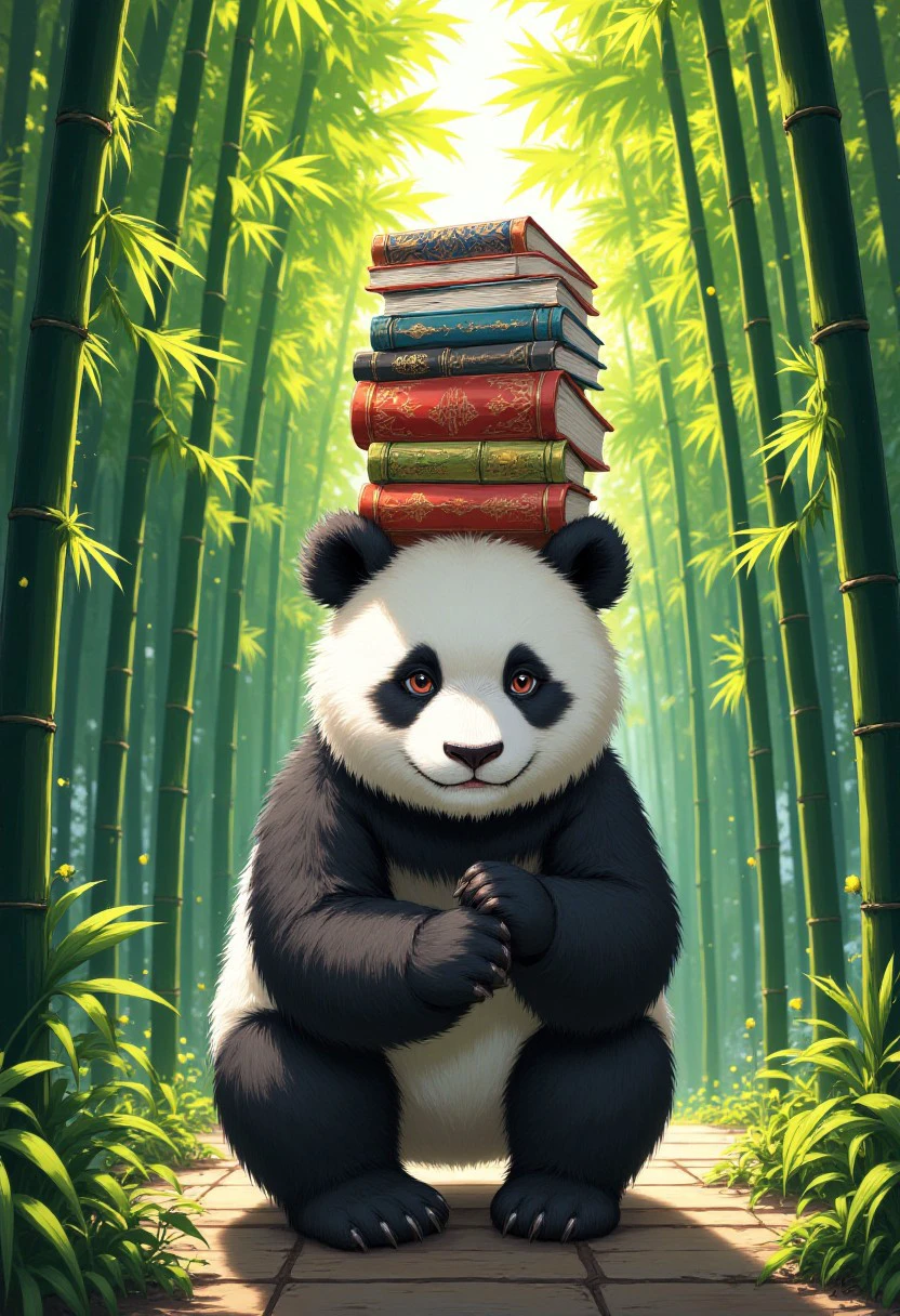 "Create a high-quality, extremely detailed digital artwork in a high-resolution, anime-inspired style. The scene features a panda balancing a stack of books on its head in a lush bamboo forest. The panda has soft, black and white fur and a gentle, focused expression. The books are a mix of colorful, vintage-looking volumes with intricate designs on their covers. The bamboo forest is vibrant and green, with tall bamboo stalks and dappled sunlight filtering through the leaves, creating a serene and peaceful atmosphere. The overall composition is lively and dynamic, with a strong focus on the panda's delicate balance and the rich, natural environment."