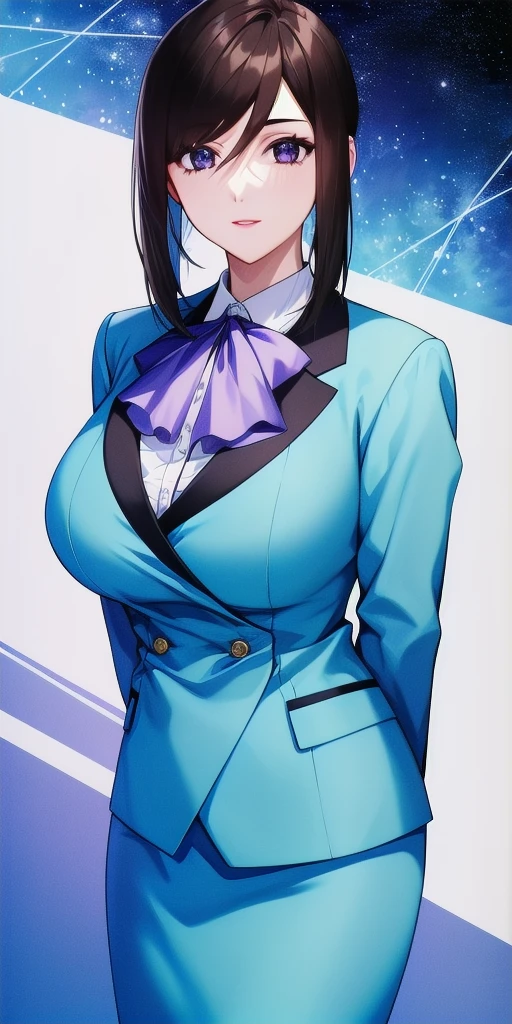 <lora:LinnaYamazakiV2:0.7> linna_yamazaki, huge_breasts, standing, solo, starry_sky, arms_behind_back, white_collared_shirt_purple_ascot_aqua_pencil_skirt_aqua_blazer, masterpiece, best_quality, detailed_face, detailed_eyes, highres, beautiful, detailed, absurdres,