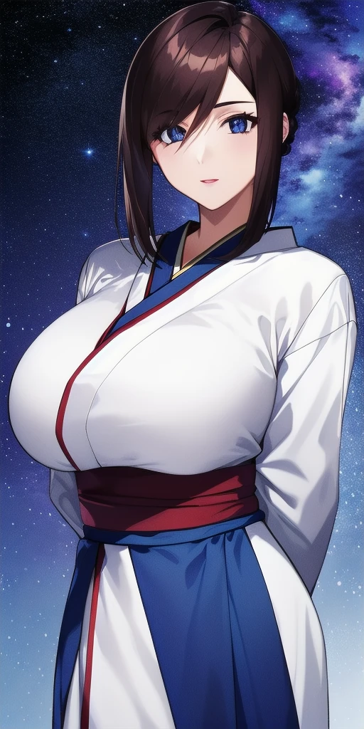 <lora:LinnaYamazakiV4:0.7> linna_yamazaki, huge_breasts, standing, solo, starry_sky, arms_behind_back, japanese_clothes, masterpiece, best_quality, detailed_face, detailed_eyes, highres, beautiful, detailed, absurdres,