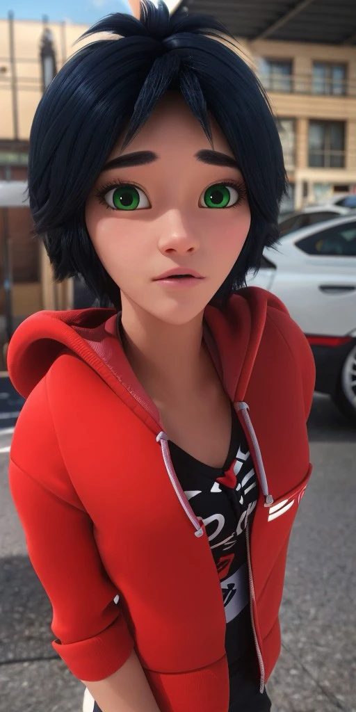 Hyperrealistic, photorealistic, super detailed, (1boy), (boy's chest), bright red hoodie, messy rock-style black hair with blues reflections, vivid green eyes, tan skin, body like in real life, large pores, thick eyebrows, slender face with a pointed chin, fairly tall, slender, unreal engine, octane render, droped shadow, bokeh, cinematic lighting, <lora:add_detail:0.5>, <lora:Volumetric_lighting:0.6>, Marc Anciel, <lora:3e4e5df5-a216-430d-82d8-1a8f0af9e99e:0.7>