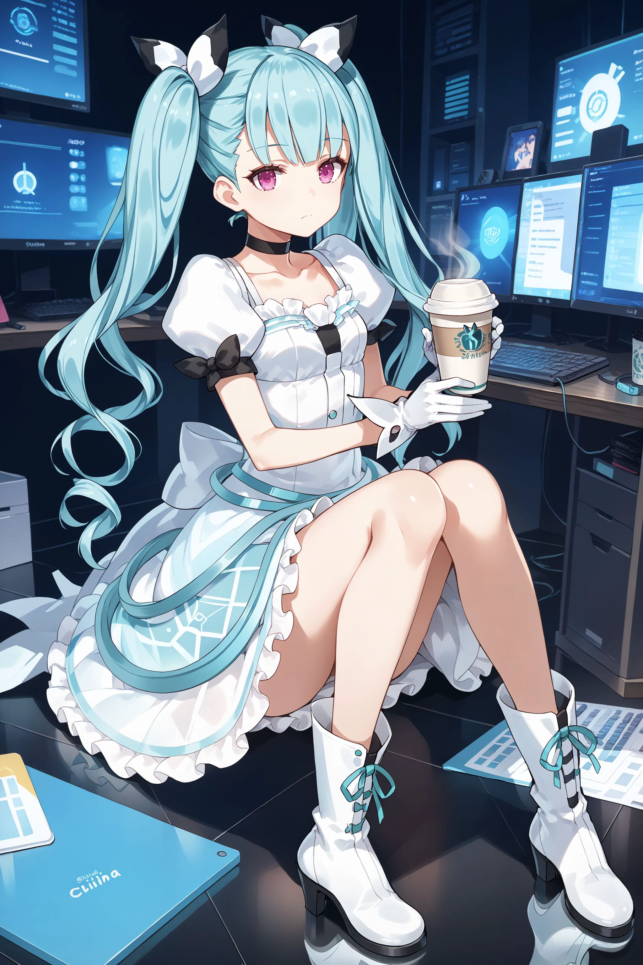 high quality, best quality, masterpiece, absurdres, wang yujia, white uniform, 1girl, <lora:yujia:0.75>, teal_eyes, thigh, thighhigh