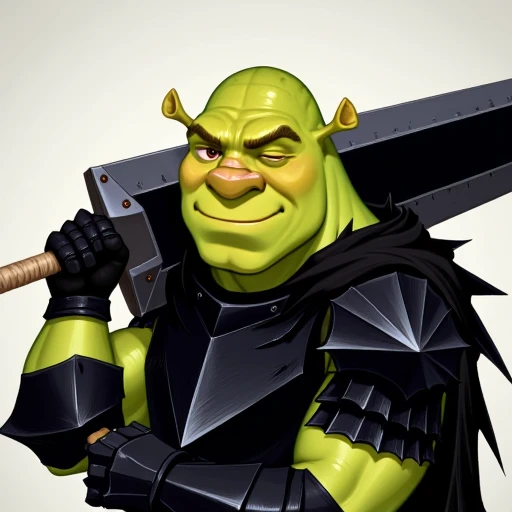 Ilustration featuring Bershrek, the character that combines features of Shrek and Guts from Berserk manga, on this picture Bershrek is seen in the black armor wielding Guts sword called Dragonslayer. Bershrek expression at this picture is exaggerated smile This is a digital drawing in a fantasy art style, depicting a character from the popular animated series "My Hero Academia." The character is the green-skinned, muscular ogre-like figure, also known as Shrek, from the movie "Shrek." Bershrek is shown in a medieval fantasy setting, wearing a black, heavily armored suit with intricate, sharp, metallic plates that reflect a medieval knight's armor.