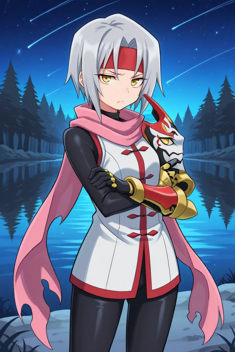 <lora:ZilvaIL:0.85> , zildef, 1girl, short hair, grey hair, yellow eyes, red headband, scarf, pink scarf, white sweater vest, white shirt, bodysuit, black bodysuit, bodysuit under clothes, single gauntlet, black gloves, sheathed, crossed arm, holding mask, cowboy shot, looking at viewer, frown, closed mouth, full body, night, stars, detailed background, lake, shore, forest, solo, masterpiece, best quality, amazing quality, very aesthetic, high resolution,