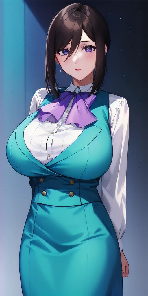 <lora:LinnaYamazakiV3:0.7> linna_yamazaki, huge_breasts, standing, solo, starry_sky, arms_behind_back, white_collared_shirt_purple_ascot_aqua_pencil_skirt_aqua_vest, masterpiece, best_quality, detailed_face, detailed_eyes, highres, beautiful, detailed, absurdres,