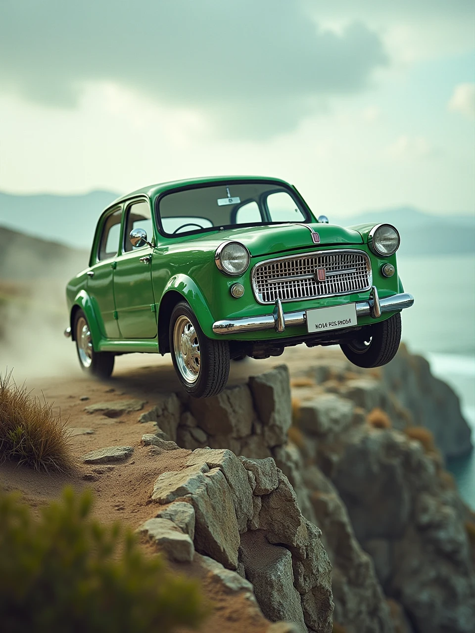 This is an automotive sports photography photo of a green Fiat 1100 car leaping off a cliff, and the camera happened to capture a framed photo of the car leaving the cliff in the air.
coh24, Fiat 1100.