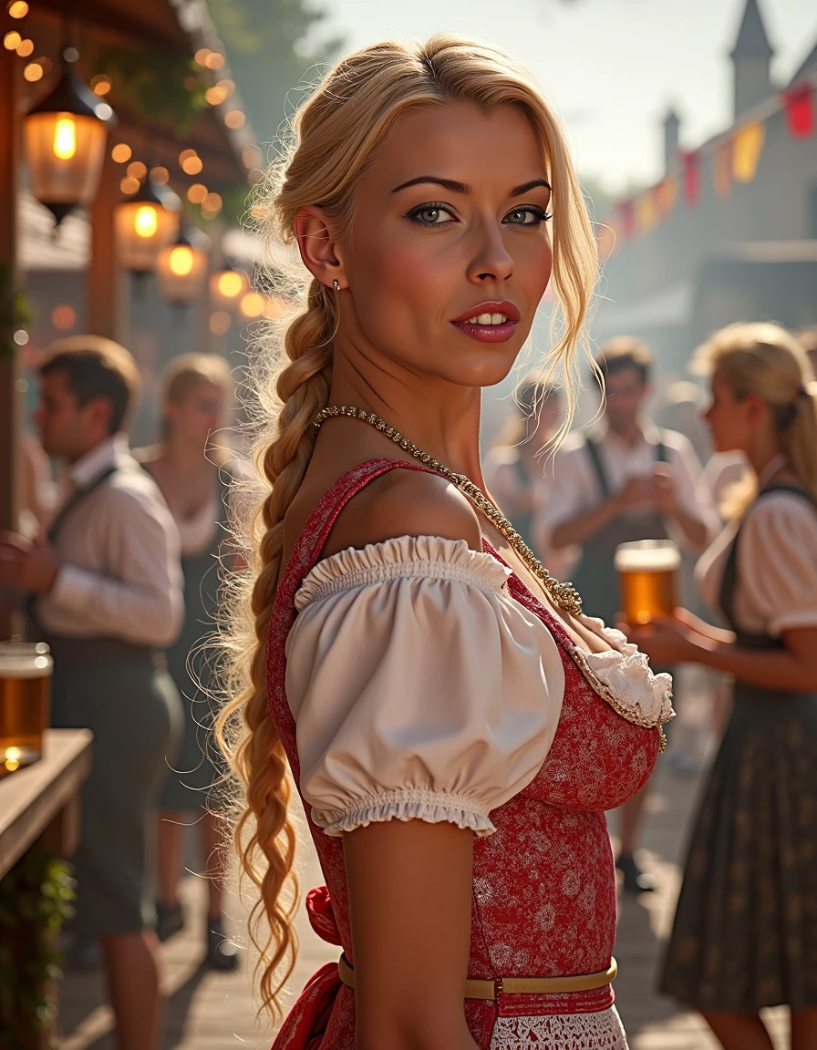 **Prompt:**
A woman with striking Scandinavian features stands proudly in front of a traditional Bavarian backdrop, her long braid cascading down her back like a golden waterfall. She wears a intricately detailed dirndl attire, complete with delicate lace and embroidery, perfectly capturing the essence of Oktoberfest. Side view.
The camera captures her from a 45-degree angle, emphasizing her slender neck and shoulders as she gazes directly at the viewer. Soft, warm light from a nearby lantern casts a flattering glow on her skin, accentuating her high cheekbones and full lips.
In the background, the real Oktoberfest festivities unfold: revelers in traditional attire dance and sing around tables laden with steins of beer, while others play lively tunes on accordions and brass instruments. The atmosphere is electric, with vibrant colors and sharp lines that create a sense of depth and dimensionality.
As the camera lingers, it becomes clear that this woman is not just any festival-goer â she's the star of the show. Her dirndl attire is immaculately detailed, from the intricate patterns on her apron to the delicate flowers in her hair. Every stitch, every thread, every detail is meticulously rendered, creating a photorealistic masterpiece.
In a stunning double exposure effect, the woman's image is superimposed over a blurred background of revelers and festivities, creating an otherworldly sense of presence. The result is a truly cinematic scene that transports the viewer to the heart of Oktoberfest.
**Technical Specifications:**
* Resolution: 16k UHD
* Aspect Ratio: 1:1
* Frame Rate: 24fps
* Color Space: Rec. 2020
* Lighting: Soft, warm natural light with subtle highlights and shadows
This image is a true masterpiece, showcasing the artist's skill and attention to detail in capturing the essence of Oktoberfest. With its ultra-sharp lines, intricate details, and photorealistic quality, it's sure to be an award-winning work that leaves a lasting impression on all who see it.