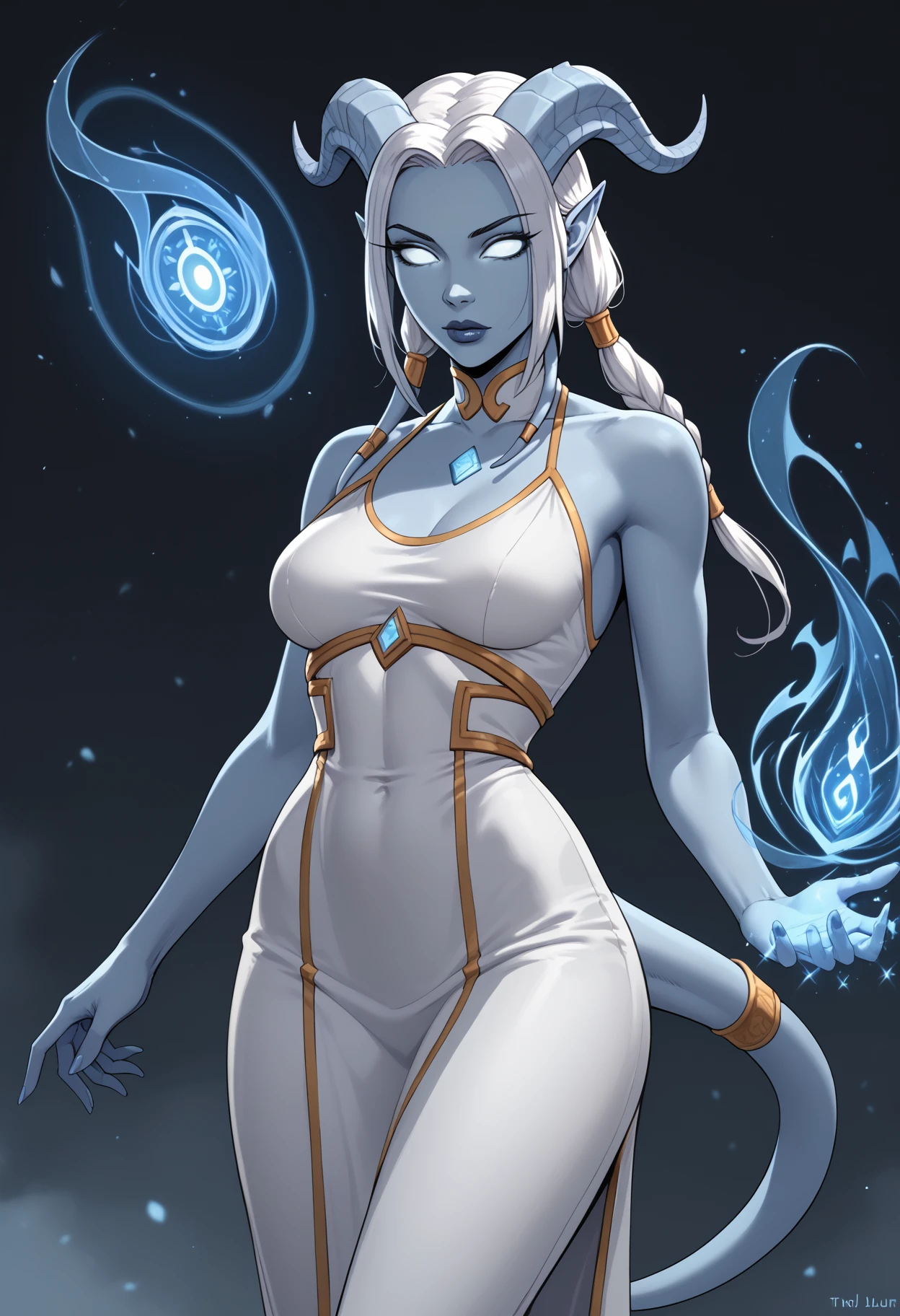 score_9, score_8_up, score_7_up, score_6_up, score_5_up, <lora:J._Scott_Campbell:1>, BREAK draenei, warcraft, 1girl, solo, Thin face, white eyes, no pupils, long hair, two ponytails, tail, horns, pointy ears, lips, (blue skin, colored skin), breasts, medium breasts, slim waist, wide hips, dress, mage dress, looking at viewer, (magic user, magic, frostbolt)