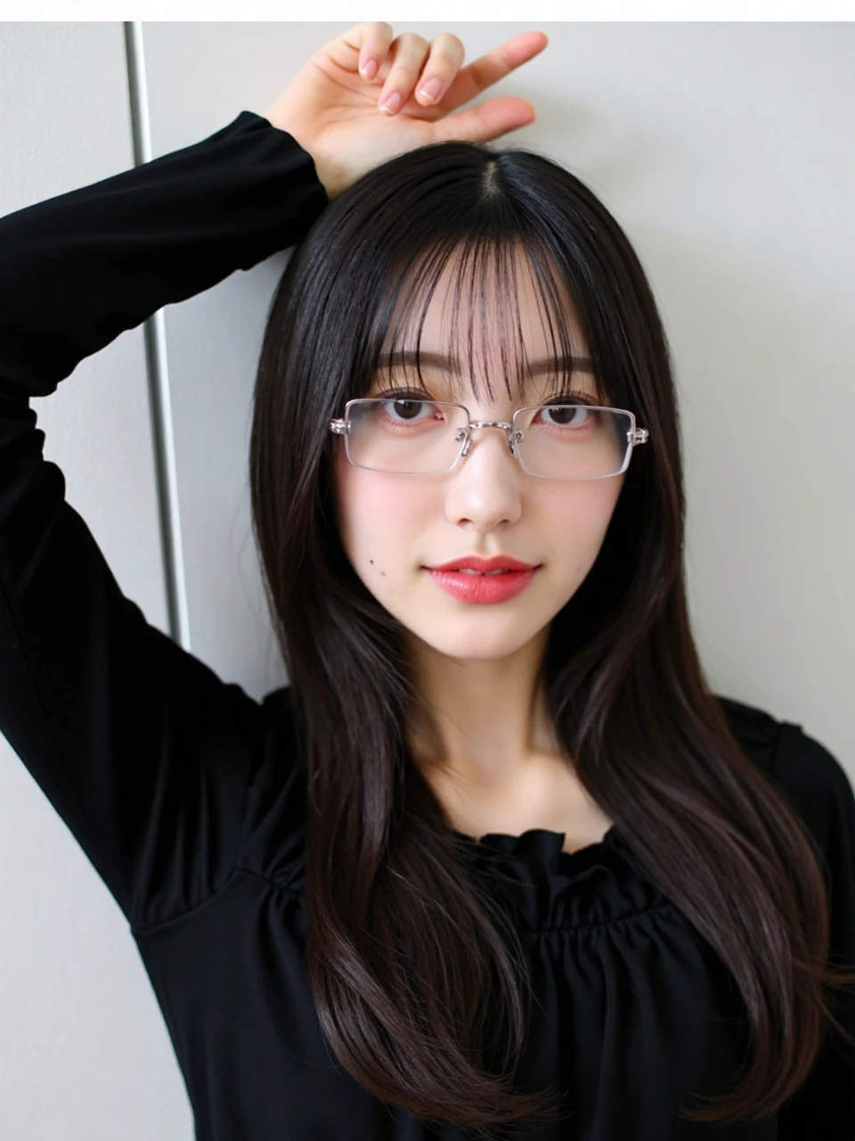 The image is a portrait of a young woman named konishi with long dark hair and glasses. She is standing in front of a white wall and is posing with her arms raised above her head. She has a serious expression on her face and is looking directly at the camera. The woman is wearing a black long-sleeved top with a ruffled neckline and appears to be in her late twenties or early thirties. Her hair is styled in loose waves and falls over her shoulders. The overall mood of the image is confident and relaxed.
