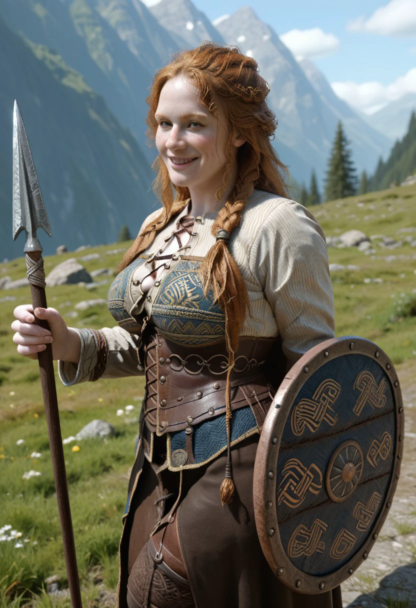 score_9, score_8_up, score_7_up A giantess , Skaði , goddess teasing smile wearing chainmail Norse shield and spear in hand