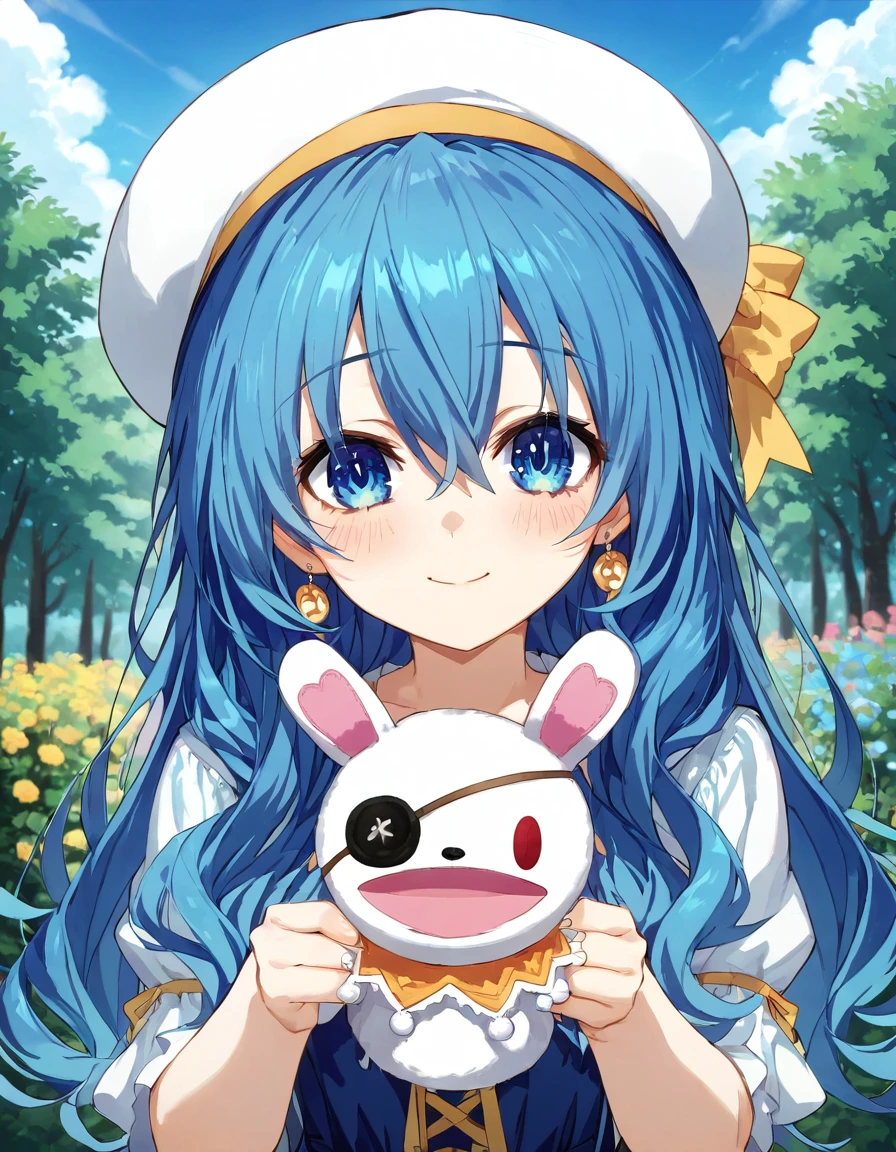 Yoshino, 1girl, solo, long hair, looking at viewer, blush, smile, blue eyes, hat, hair between eyes, blue hair, upper body, outdoors, beret, white headwear, eyepatch, puppet, hand puppet