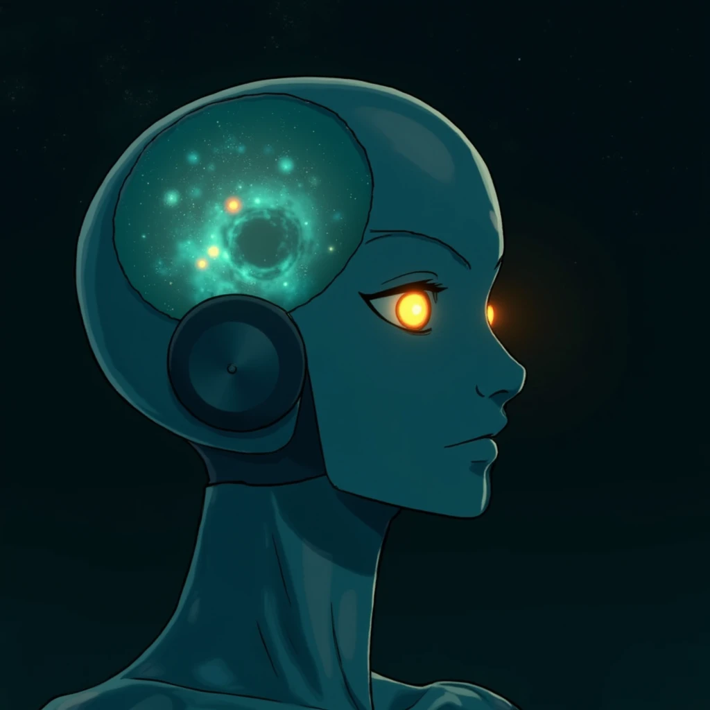 Anime screencap featuring a Minimalist and abstract side profile of a robot woman with a universe sprouting from her mind as she opens her eyes and attains consciousness for the first time in the dark. She has beautiful and intelligent bright orange eyes brimming with knowledge and benevolence. Mostly in hues of blue and green., <lora:Olivia_Wilde_FLUX_v1_merger_25_55_04_06:1.1>