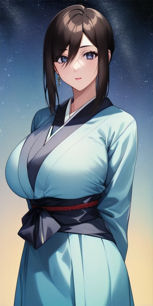 <lora:LinnaYamazakiV2:0.7> linna_yamazaki, huge_breasts, standing, solo, starry_sky, arms_behind_back, japanese_clothes, masterpiece, best_quality, detailed_face, detailed_eyes, highres, beautiful, detailed, absurdres,