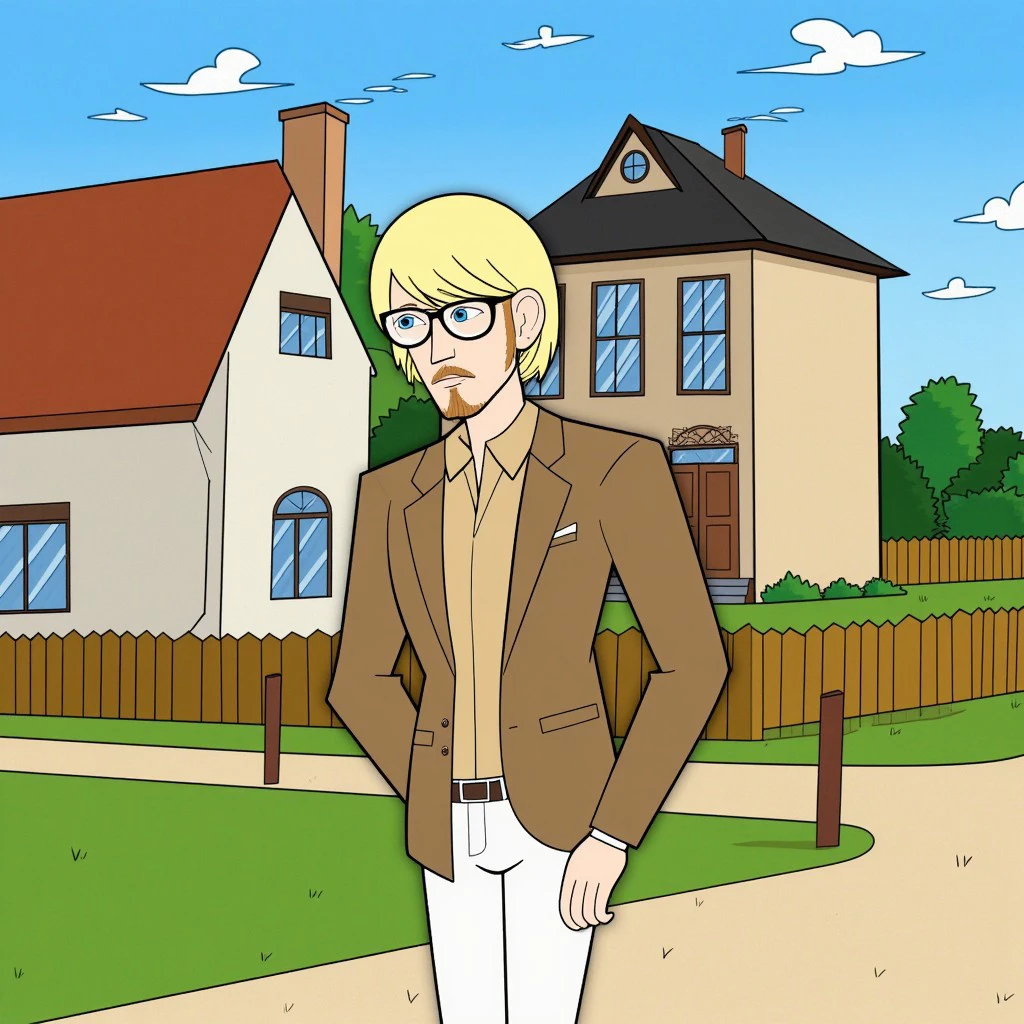 ch art style,the guy poses against the backdrop of a village house, he has a dreamy look, it's sunny outside,1man, blonde hair, bob hairstyle, stubble, bang, blue eyes, brown blazer, beige shirt, white pants, glasses