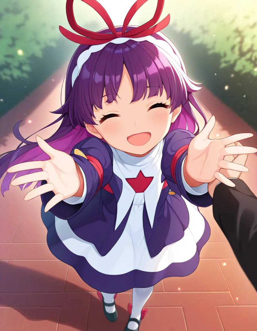 <lora:PFeli_SDXL_Illustrious01_fp16_ver01:1>,PFeli, 1girl, long hair,purple hair, pantyhose, dress,red ribbon, blue eyes, black footwear,long sleeves, red bow,hairband, smile,open mouth,close eyes,, masterpiece, best quality, very aesthetic, absurdres,<lora:detailed_hands:1>,hand