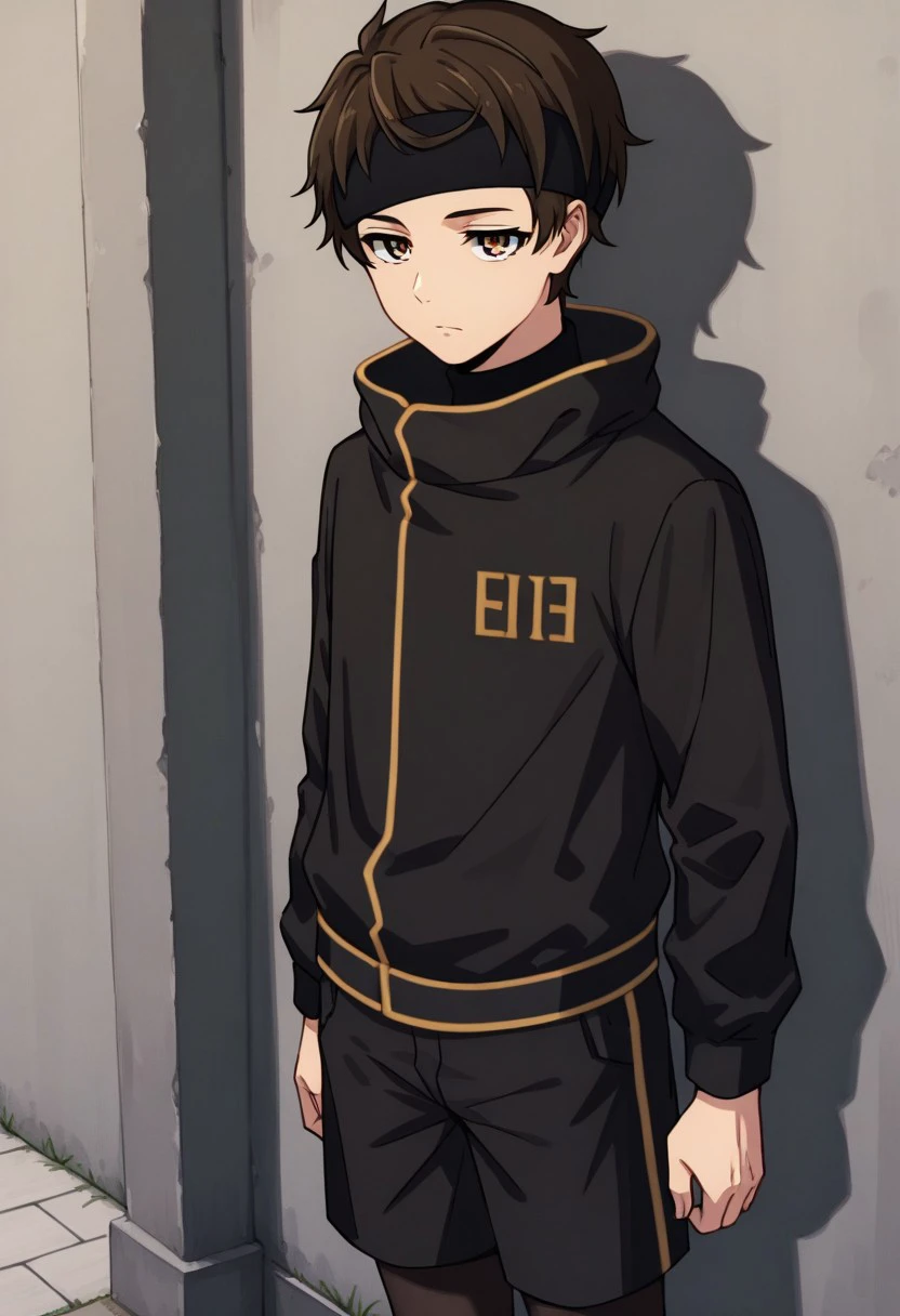 masterpiece, best quality, 
baamtg, 1boy, male focus, solo, brown eyes, brown hair, short hair, bangs, headband, black headband, shirt, black shirt, turtleneck, jacket, black jacket, long sleeves, shorts, black shorts, pantyhose, black pantyhose, 
outdoor