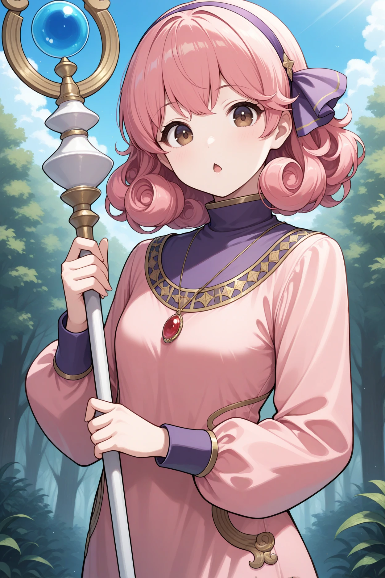 masterpiece, best quality, 1girl, solo,  <lora:fegenny-illu-nvwls-v1-000007:1> fegny, pink hair, curly hair, medium hair, brown eyes, purple hairband, turtleneck, pendant, pink dress, gold trim, long dress, long sleeves, holding staff, blue sky, forest, chestnut mouth, upper body, looking at viewer