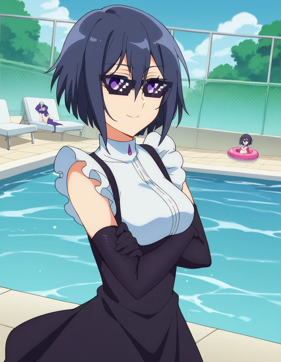 score_9, score_8_up, score_7_up, source_anime, <lora:mei-tsuchiba-s1-ponyxl-lora-nochekaiser:1>, mei tsuchiba, short hair, bangs, hair between eyes, purple eyes, black hair, mature female, medium breasts, anime screencap,, gloves, dress, black gloves, elbow gloves, black dress, pool, water, swim, float, poolside, smile, <lora:deal-with-it-ponyxl-lora-nochekaiser:1> deal with it, deal with it (meme), meme, sunglasses, bed room, crossed arms, from side, smile, cowboy shot, looking at viewer,, looking at viewer, solo,, dutch angle, cowboy shot