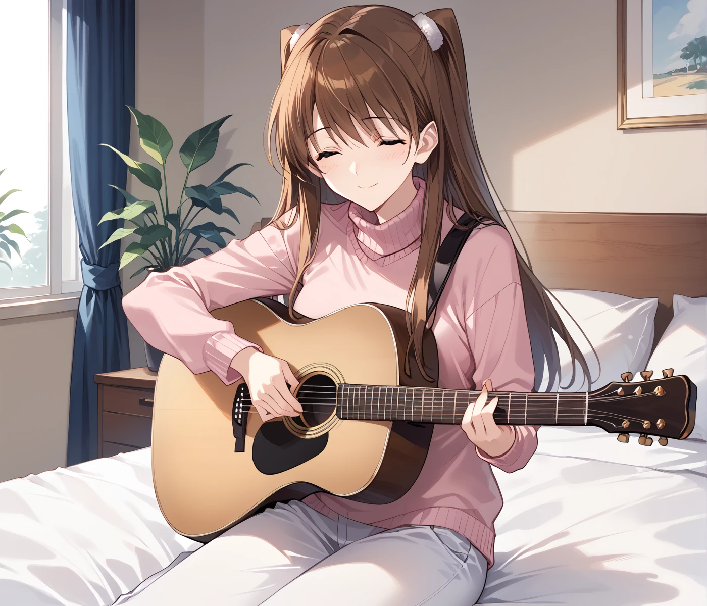 ogiso_setsuna, long hair, brown hair, two side up, closed eyes,  pink sweater, turtle neck, white pants, official art BREAK indoors, bedroom, sit on bed BREAK sad smile, acoustic_guitar, playing_guitar BREAK score_9, score_8_up, score_7_up, source_anime ,zPDXL, <lora:Ogiso_Setsuna:0.8> <lora:Acoustic_guitars_for_pony_xl:0.8>