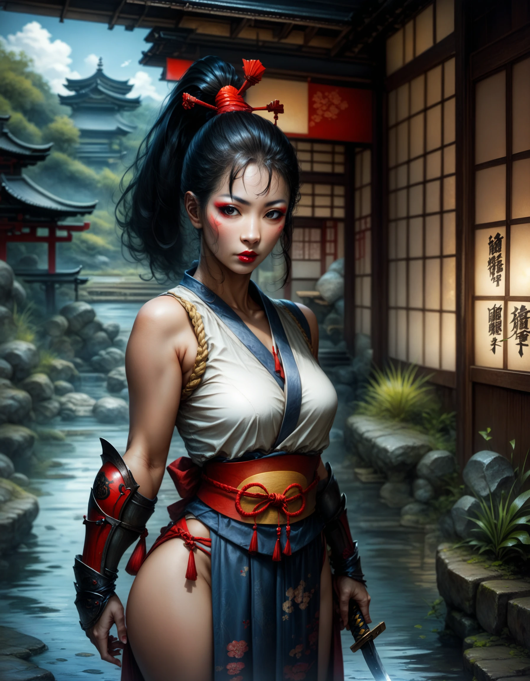 score_9, score_8_up, score_7_up, 1woman, female samurai, Asian, black hair, ponytail, sleeveless, very big breasts, red lipstick, makeup, arm guard, holding katana, japanese garden, bridge, lake, ancient japanese village, detailed background<lora:WesternComic-Semi-small-v3-000026:0.8>