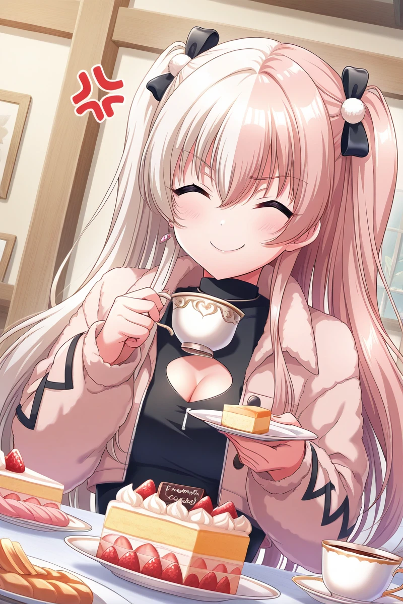 masterpiece, best quality,
 <lora:KokoaIL_r1:1> kokoa, solo, anger vein, cup, closed eyes, 1girl, food, smile, long hair, clothing cutout, jewelry, holding, cake, cleavage cutout, jacket, teacup, plate